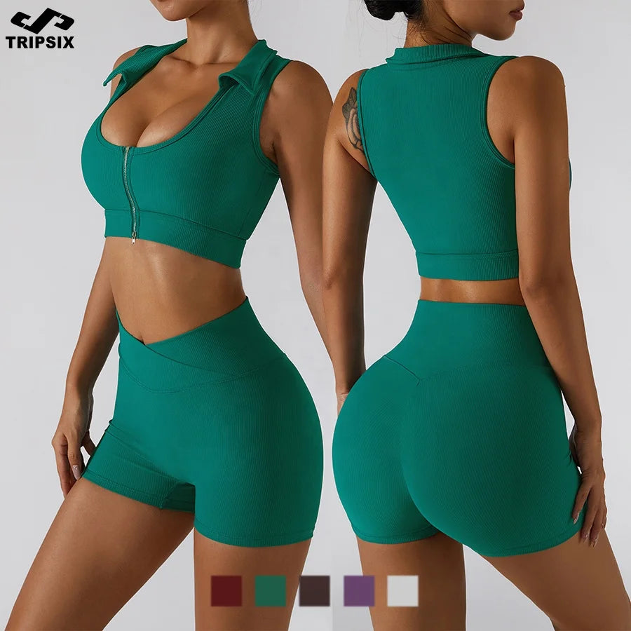 Zipper up Sports Bra Shorts Leggings Ribbed Yoga Set 4 Pieces Gym Fitness Workout Clothing Women Active Wear Sets