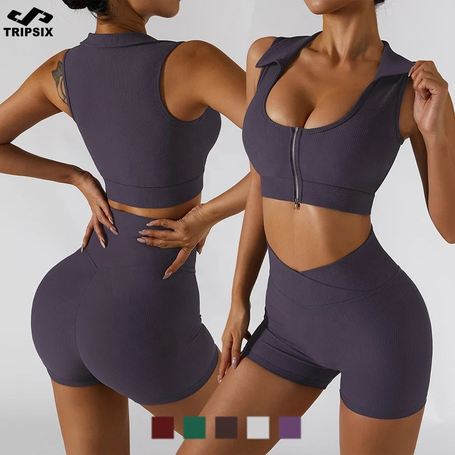 Zipper up Sports Bra Shorts Leggings Ribbed Yoga Set 4 Pieces Gym Fitness Workout Clothing Women Active Wear Sets