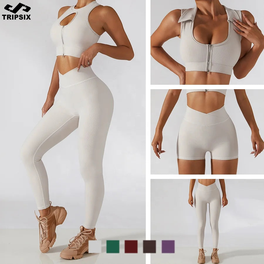 Zipper up Sports Bra Shorts Leggings Ribbed Yoga Set 4 Pieces Gym Fitness Workout Clothing Women Active Wear Sets