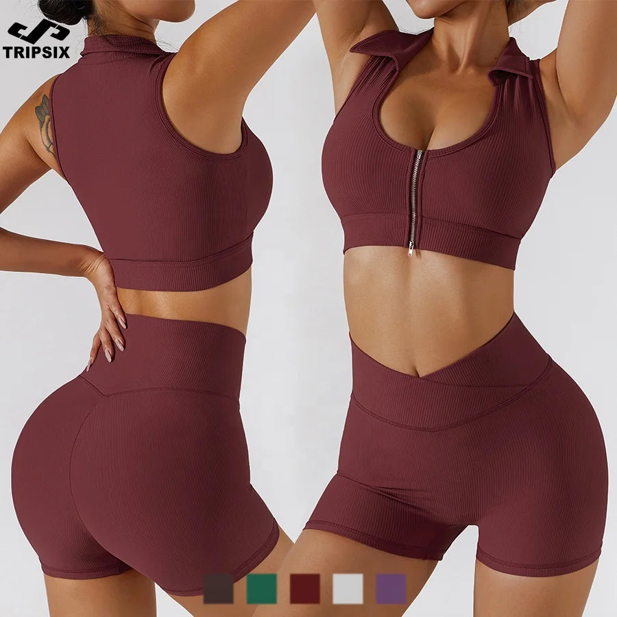 Zipper up Sports Bra Shorts Leggings Ribbed Yoga Set 4 Pieces Gym Fitness Workout Clothing Women Active Wear Sets