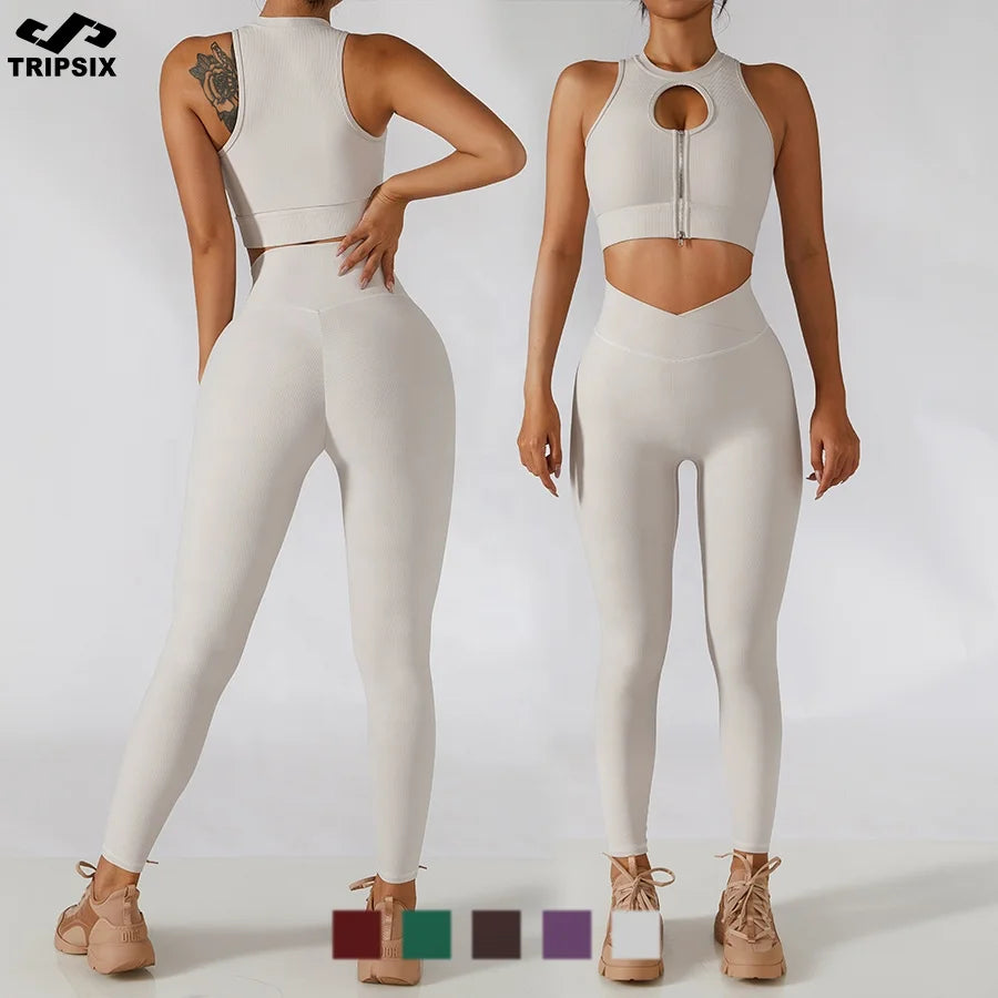 Zipper up Sports Bra Shorts Leggings Ribbed Yoga Set 4 Pieces Gym Fitness Workout Clothing Women Active Wear Sets