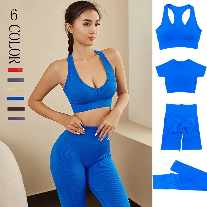 YIYI 4pcs Deep V Racer Back Sports Bra Workout Gym Sets High Waist Tummy Control Athletic Suits Women Ribbed Seamless Yoga Sets