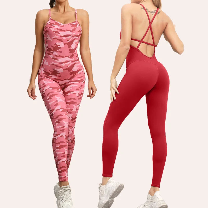 Women's Custom Logo V-Neck Backless Sports Bodysuit No Camel Toe Compression Workout Suit for Gym Running Fitness Yoga Jumpsuit