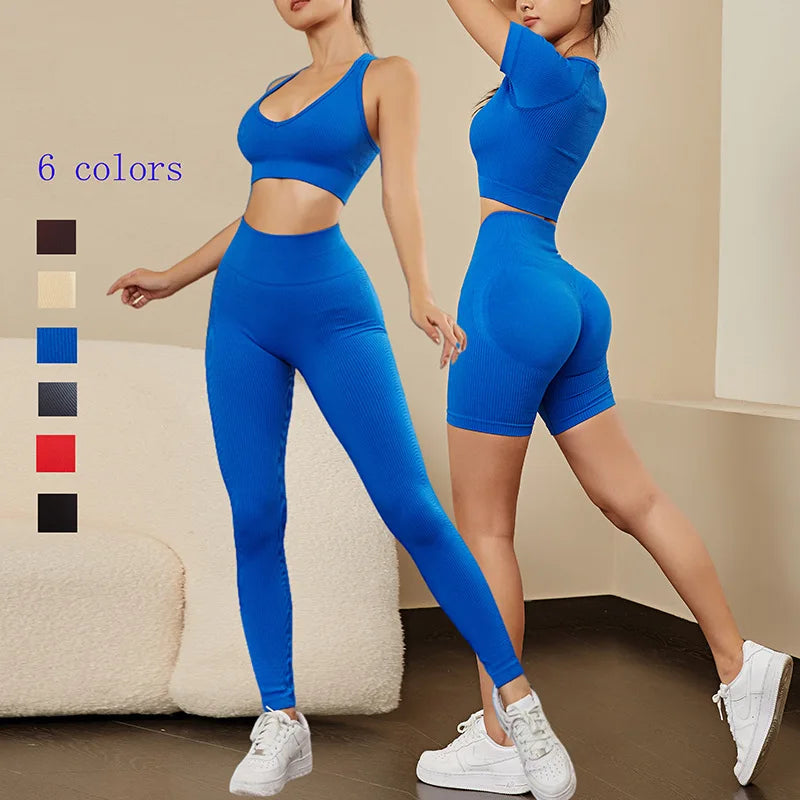 YIYI 4pcs Deep V Racer Back Sports Bra Workout Gym Sets High Waist Tummy Control Athletic Suits Women Ribbed Seamless Yoga Sets