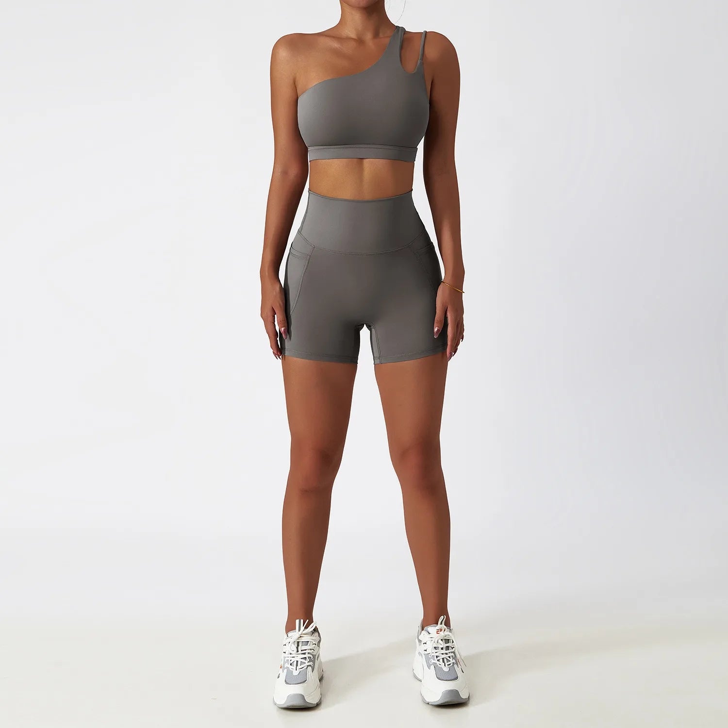 Custom logo Hot Sale 2 Piece Gym One Shoulder Sports Bra Shorts Leggings Yoga Pants Set Yoga Sets Fitness Women