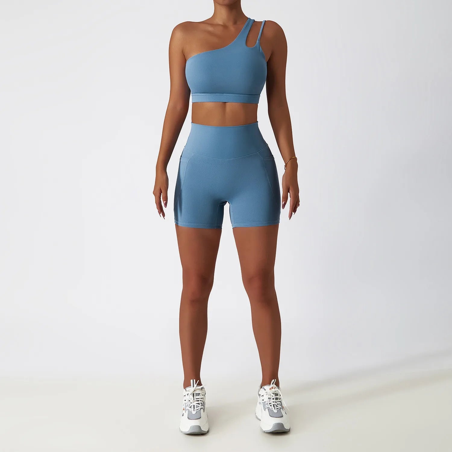 Custom logo Hot Sale 2 Piece Gym One Shoulder Sports Bra Shorts Leggings Yoga Pants Set Yoga Sets Fitness Women