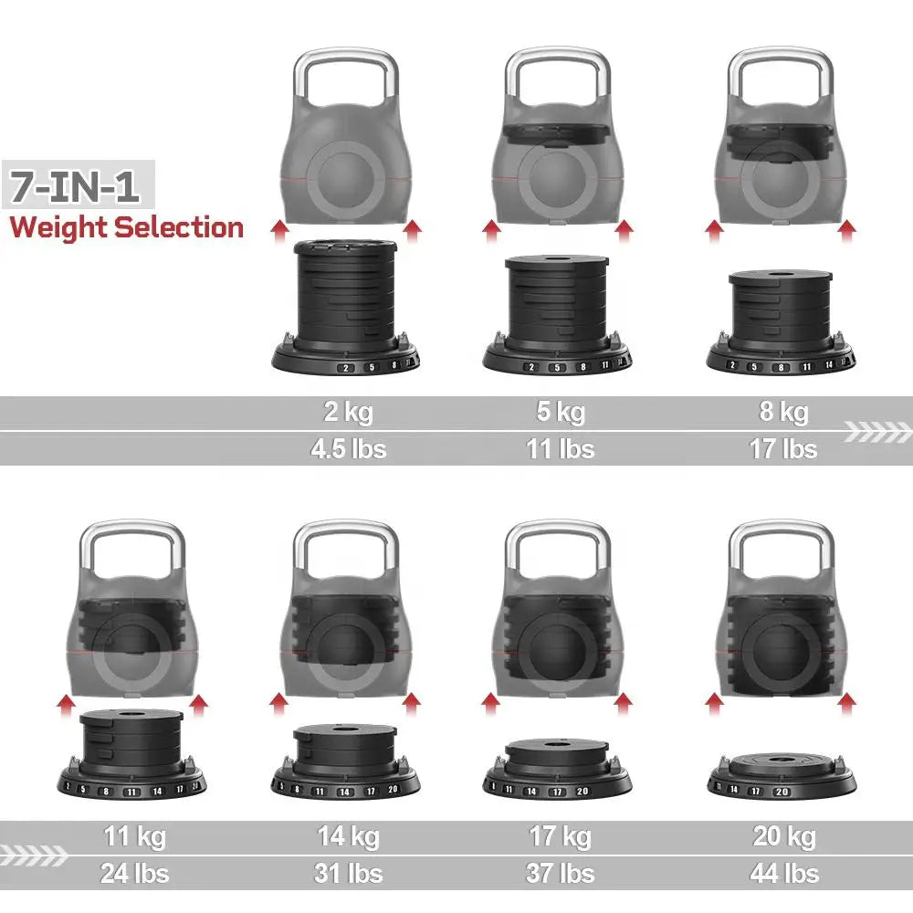 7 in 1Kettlebells 20kg  Adjustable Kettlebell Grip for Dumbbel, Custom Logo OEM  7 in 1 Kettlebell With Adjustable Weights 20Kg