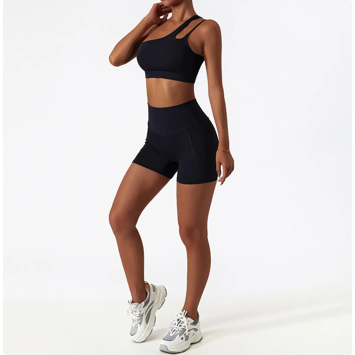 Custom logo Hot Sale 2 Piece Gym One Shoulder Sports Bra Shorts Leggings Yoga Pants Set Yoga Sets Fitness Women