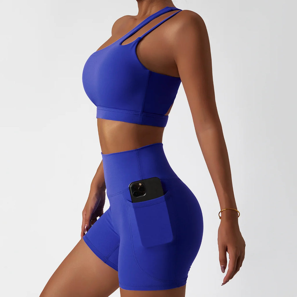 Custom logo Hot Sale 2 Piece Gym One Shoulder Sports Bra Shorts Leggings Yoga Pants Set Yoga Sets Fitness Women