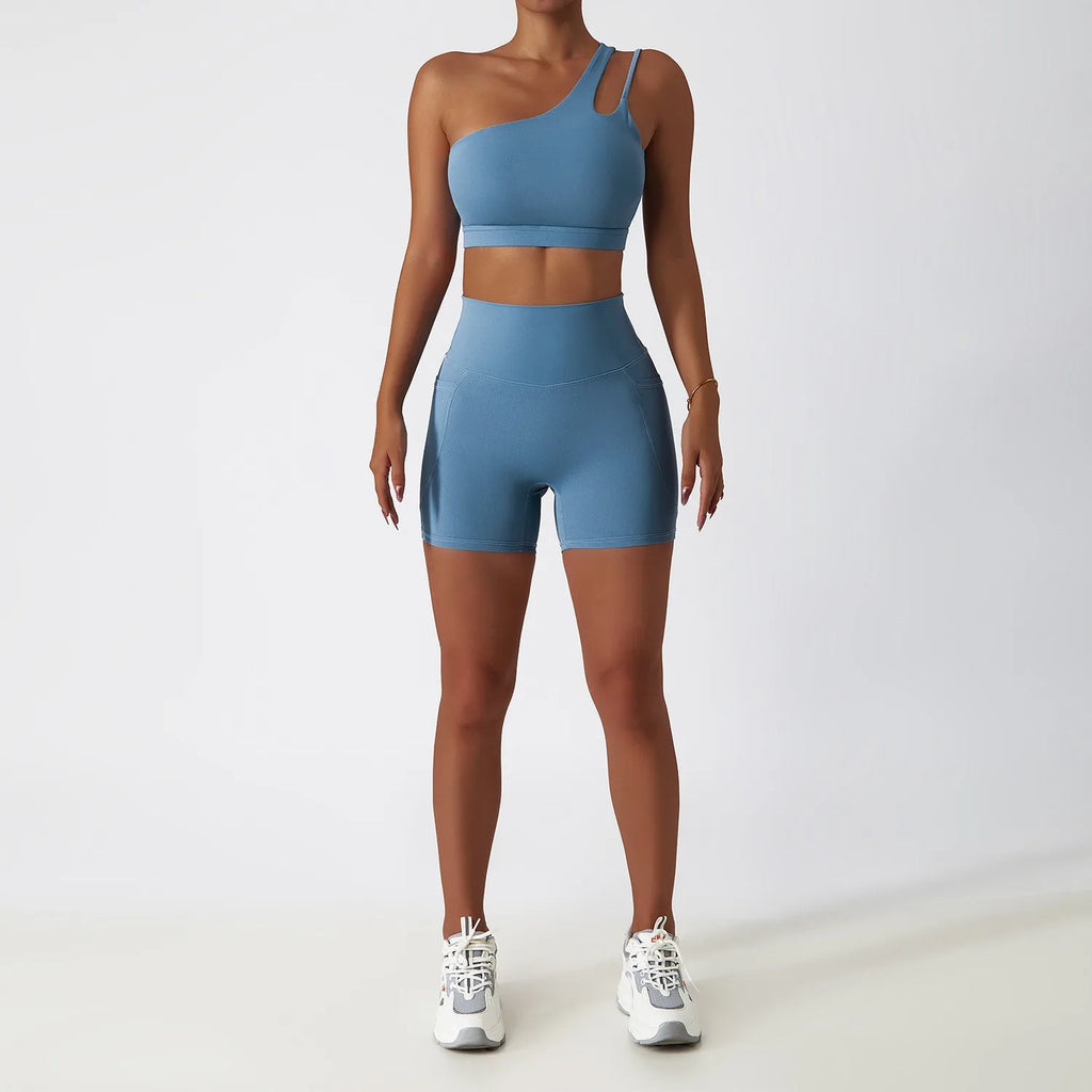 Custom logo Hot Sale 2 Piece Gym One Shoulder Sports Bra Shorts Leggings Yoga Pants Set Yoga Sets Fitness Women