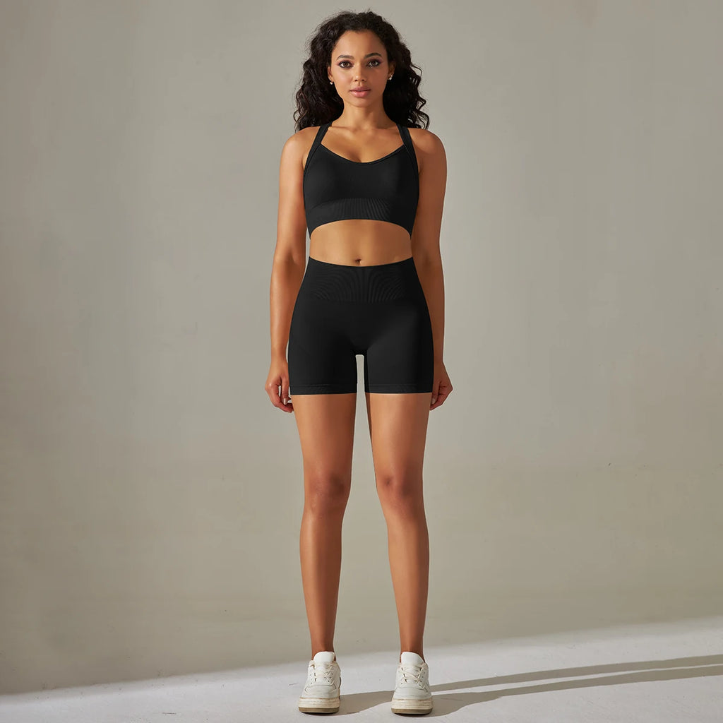 Wholesale 2-Piece Seamless Cross Back Bra Short Sports Yoga Gym Fitness Sets for Women Custom Logo Lightweight Breathable for