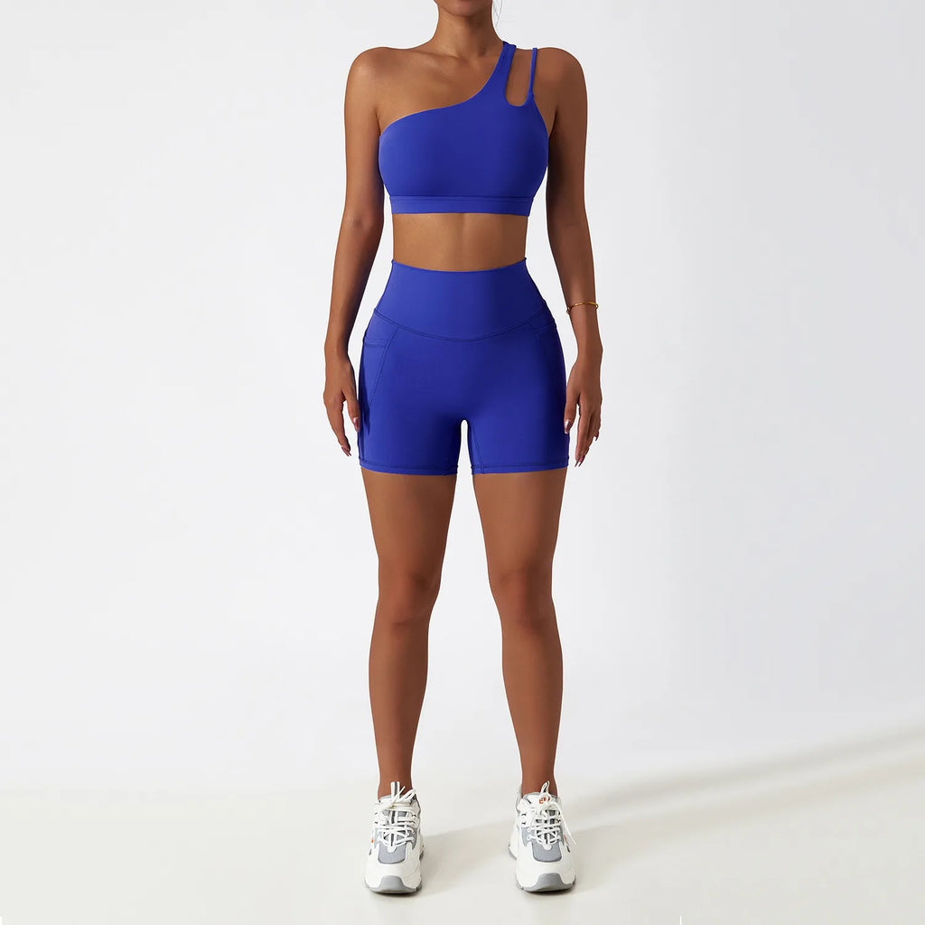 Custom logo Hot Sale 2 Piece Gym One Shoulder Sports Bra Shorts Leggings Yoga Pants Set Yoga Sets Fitness Women